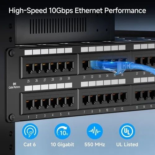 Netværkspanel med Ethernet-porte og blå kabeltilslutning til video over IP